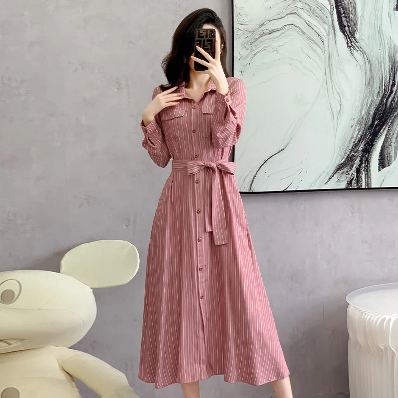 Koisoon Spring New Women Striped Long Sleeve Shirt Dress Fashion Lace Up Elegant Lady Turn-Down Collar Single Breasted Robe Dresses