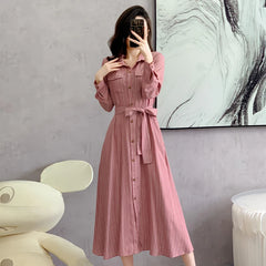 Koisoon Spring New Women Striped Long Sleeve Shirt Dress Fashion Lace Up Elegant Lady Turn-Down Collar Single Breasted Robe Dresses