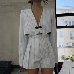 Koisoon Striped Deep V-Neck Short Set Spring And Summer Women's Sexy Long Sleeved Top High Waist Button Casual Pants Set