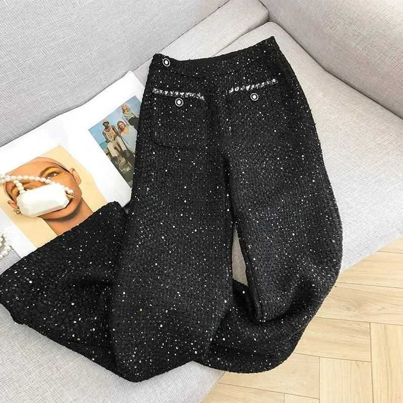 Koisoon Temperament High Waist Slim Straight Wide Leg Pants Pantalones Mujer Black Tweed Cargo Sweatpants