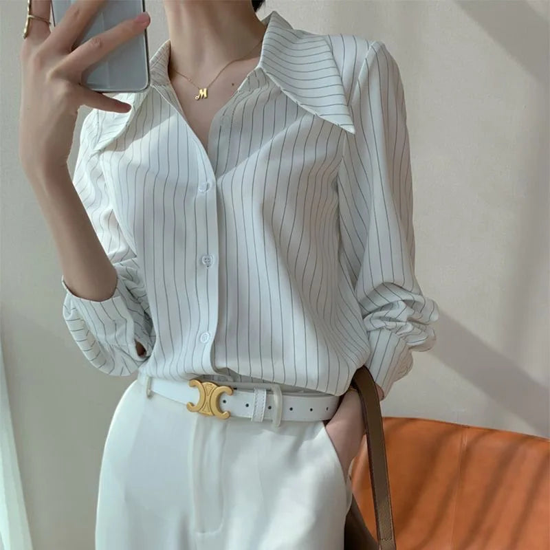 Koisoon White Stripe Long Sleeve Shirt Woman Office Ladies Basic Blouses Old Money Style Korean Fashion Summer Loose  Aesthetic