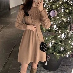 Koisoon Women Sweater Long Sleeve Dresses Autumn Winter Knitted Patchwork Slim O Neck Elegant Solid Color New Year Pullover Dresses