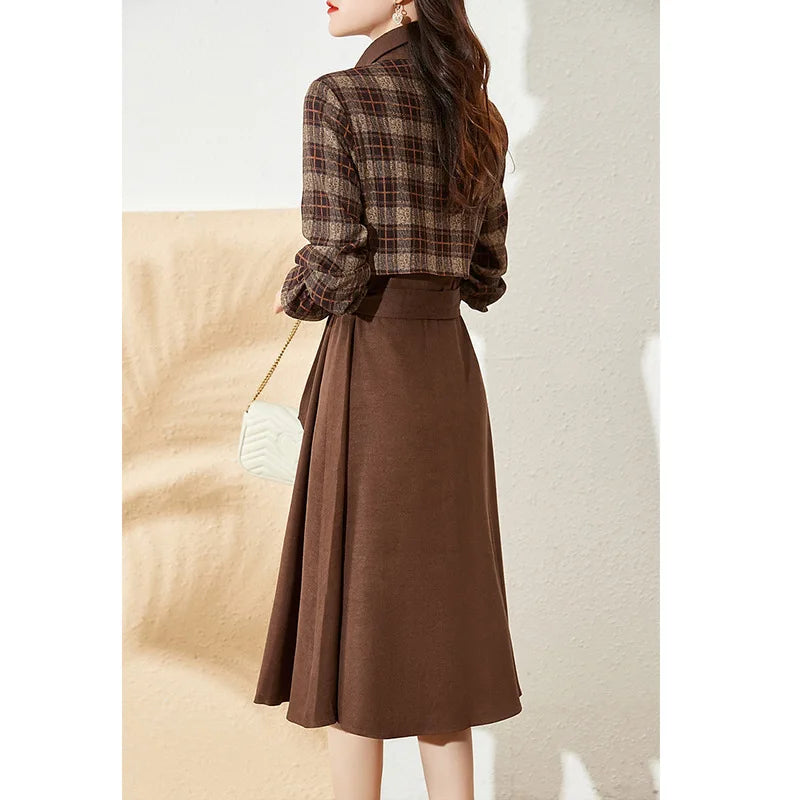 Koisoon Elegant Lapel Spliced Plaid Midi Dress Women's Clothing Spring New Loose Office Lady Long Sleeved Single Breasted Dresses