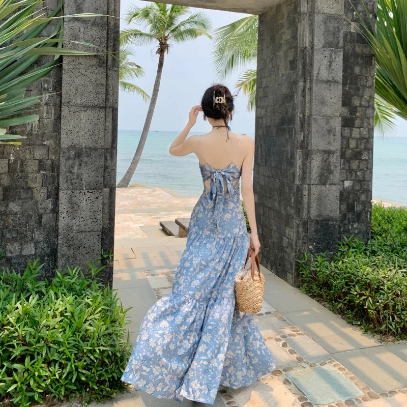 Koisoon New Summer Long Print Dress for Women Strap Sleeveless Sweet Elastick Holiday Beach Casual Dresses Female Clothing