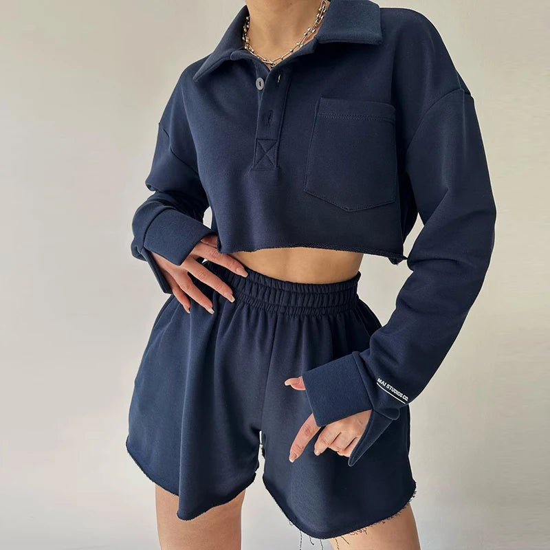 Koisoon 2YK Street Long Sleeve Cropped Shirt & Solid Elastic Waist Shorts Sets Women Loose Outfits Button Lapel  Two Piece Tracksuit