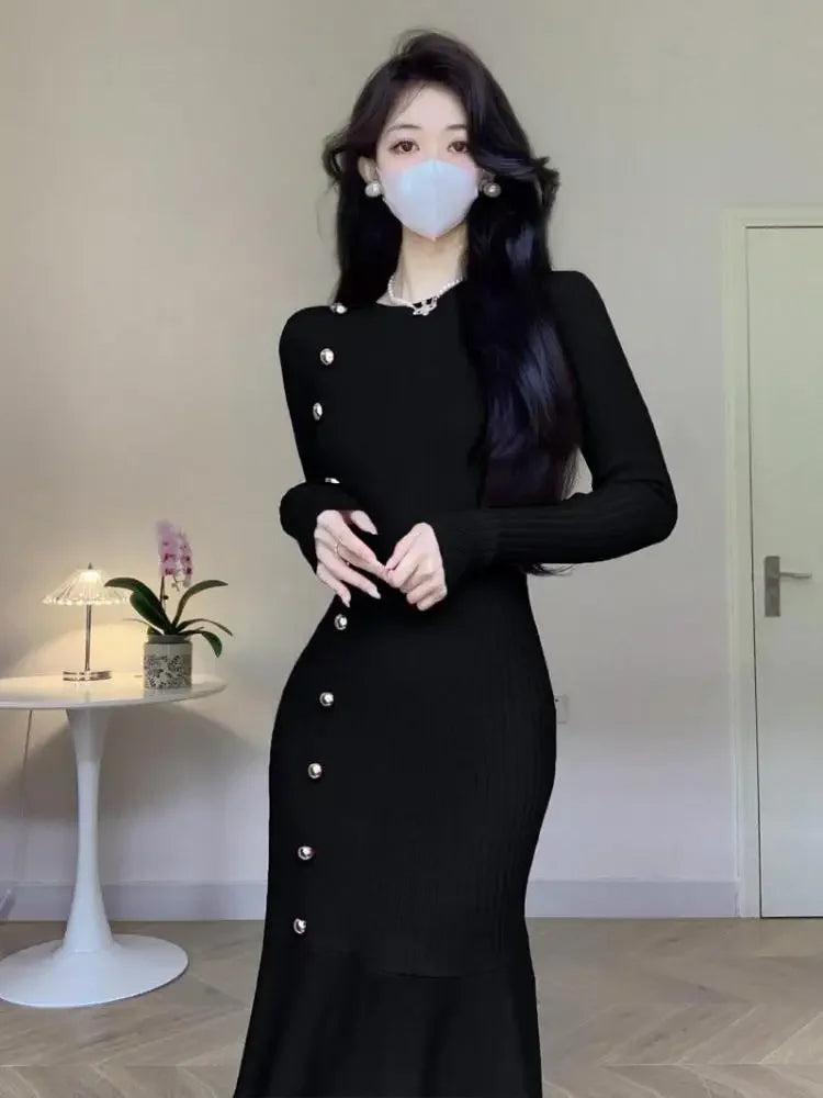 Koisoon Elegant Knitted Fishtail Dress for Women Autumn Winter White Black O-neck High Waist Slim Chic Party Solid Button Dresses