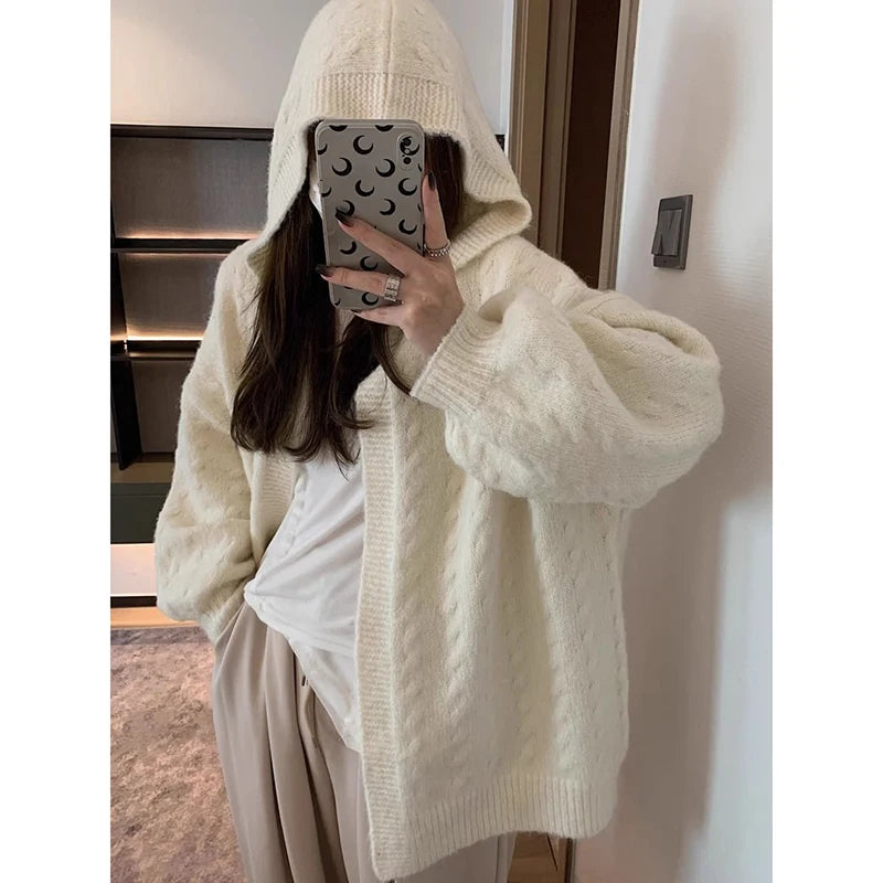 Koisoon Women Cardigan Sweater Fashion Korean Streetwear Loose Hooded Knitted Coats Casual All Match Student Jacket Autumn New