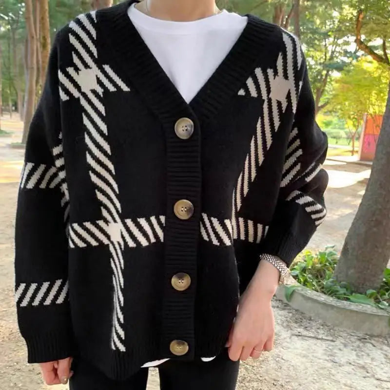 Koisoon Women Korean Cardigan Sweater Fashion Autumn Stripe Loose Knitted Coats Female Casual All Match Big Button Jacket New