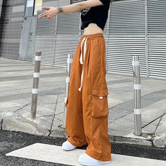 Koisoon Streetwear Women Oversize Solid Cargo Pants Elastic Waist Drawcord Loose Harajuku Hip Hop Casual Wide Leg Sports Trousers