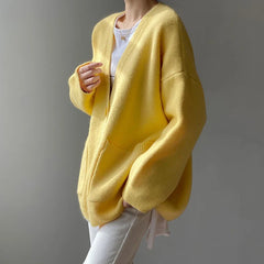 Koisoon 2024 Chic Yellow Sweater Cardigan Women Lazy Wind Single-Breasted Knitted Cardigan Women Solid V Neck Cardigans Female