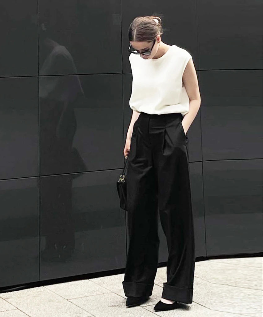 Koisoon Spring Summer Black Ladies Office Trousers Womens High Waist Pants Pockets Female Pleated Wide Legs Pants Solid 2024