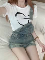 Koisoon OL Stylish New Overalls Shorts Denim Summer Loose Chic Wide Leg Vintage Office Lady Slim Jeanswear All Match