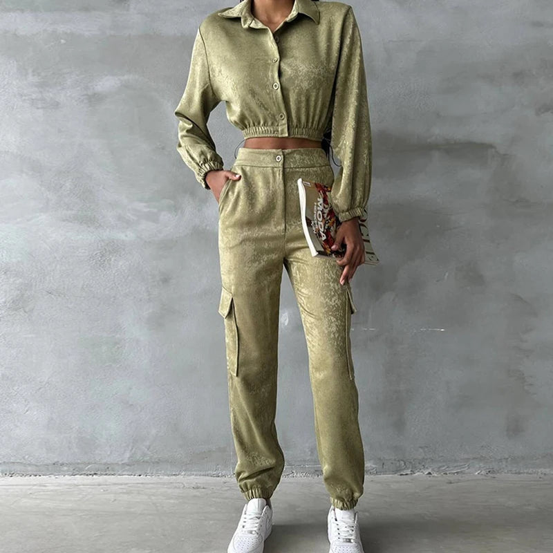 Koisoon Spring Casual Satin Two Piece Women Set Sexy Turn-down Collar Slim Top & Pocket Cargo Pants Outfits Fall Button Long Sleeve Suit