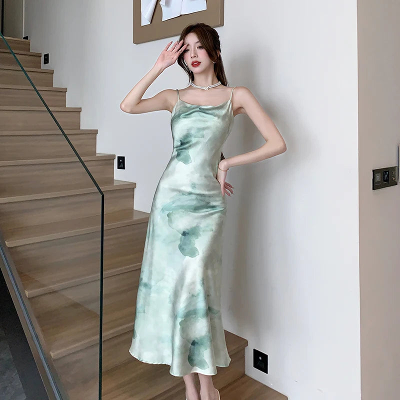 Koisoon Vintage Print Satin Midi Dresses Female Summer French Elegant Chic Swinging Collar Slim Camisole Green Clothes for Women