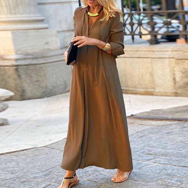 Koisoon Women Elegant Simple Long Dress Autumn Casual Long Sleeve Loose Party Dress Spring Fashion V-neck Pleated Hem Beach Dresses