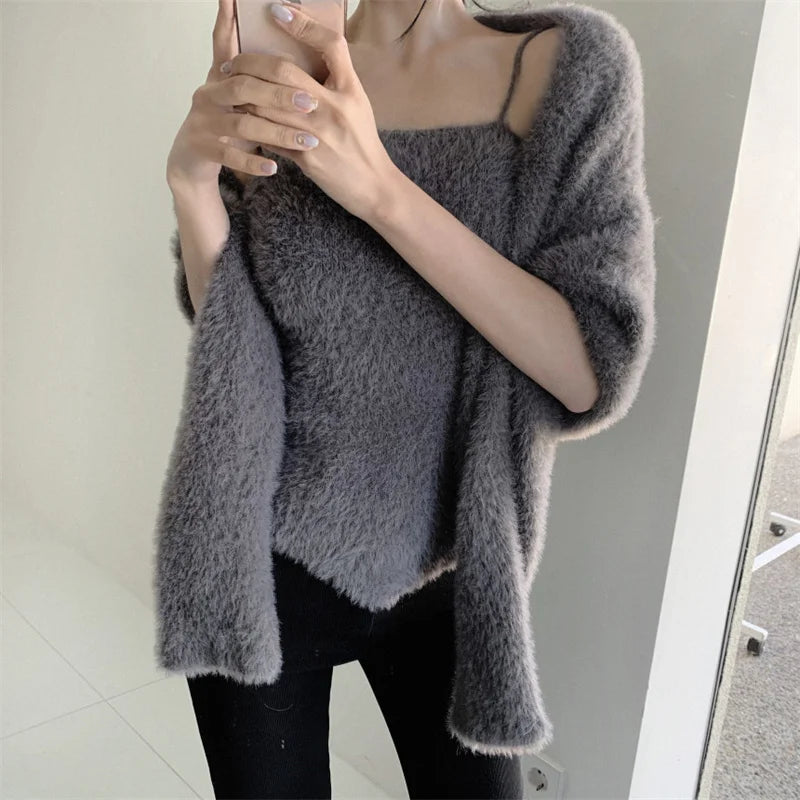 Koisoon Autumn New Mink Cashmere Sweater Women Knitted Criss-Cross Pullovers 2 Piece Set Korean Fashion Clothing Y2k Crop Tops Suit