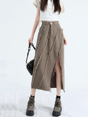 Koisoon Ladies Irregular High Waist Chic Midi Skirt Casual Versatile Personality Split Fur Edge Tassel Denim A-Line Skirt