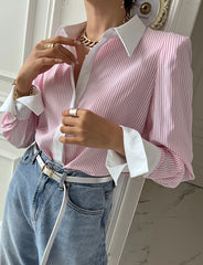 Koisoon Chic Casual Lapel Women Patchwork Striped Blouses Tops 2024 Spring Summer Long Sleeve Loose Single-breasted Female Shirts T906