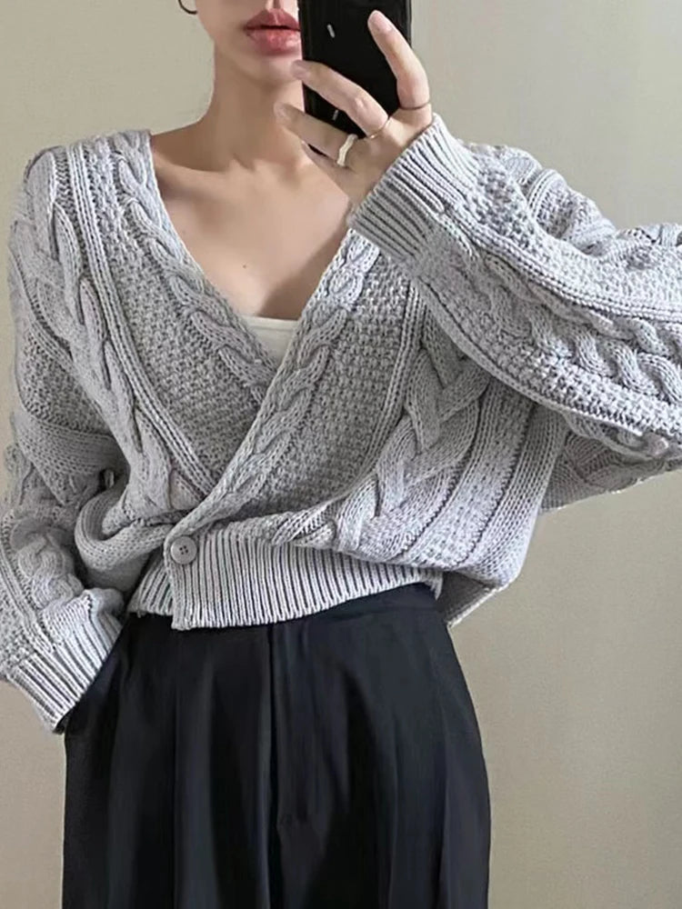 Koisoon Sexy V Neck Women Design Cardigan Sweater Streetwear Long Sleeve Single Button Knitted Sweaters Vintage Solid Casual Tops