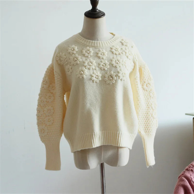 Koisoon Chic Woman Sweaters O-neck Lantern Sleeve Vintage Knitted Pullovers Tops 3D Embroidery Floral Jumper Thick Autumn Clothing