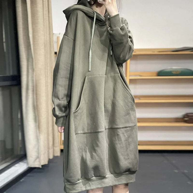 Koisoon Autumn Winter New Solid Mid Length Hooded Dress Women Patchwork Drawstring Pockets Loose Fashion Casual Warm Long Sleeve Dresses