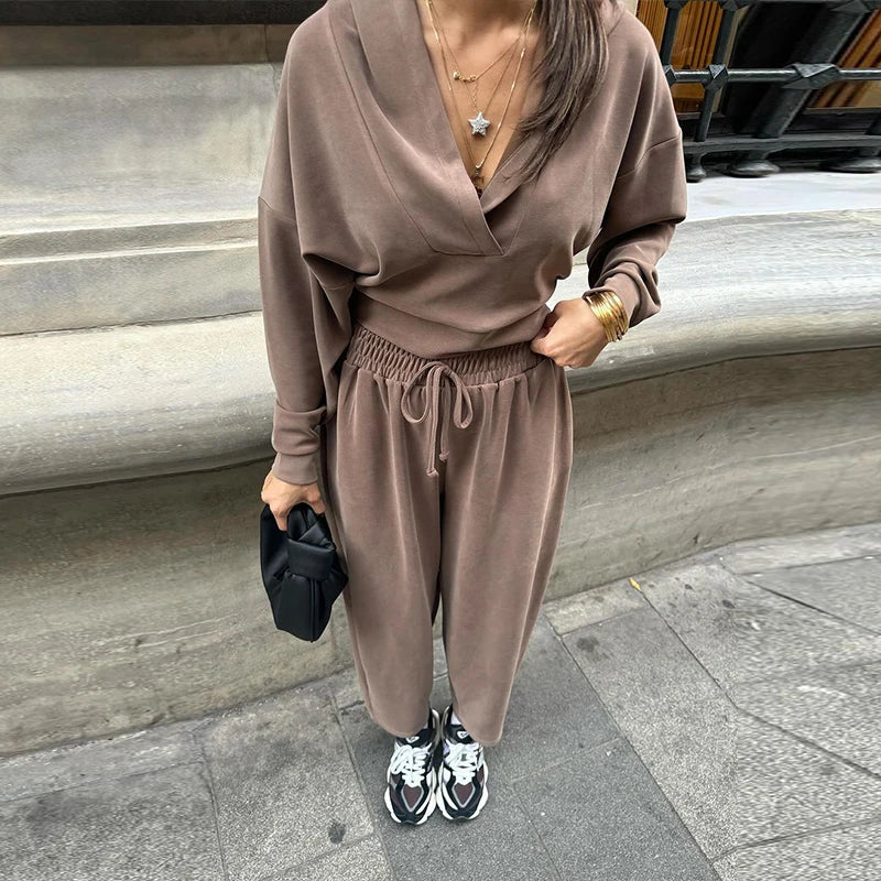 Koisoon New Autumn Loose Lace Up Sweatpants Suits Fashion Loose Sports Two Piece Sets Casual Hooded Long Sleeve Pullover Women Outfits