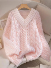 Koisoon Elegant Pink Sweaters Women Sweet Preppy Style Loose Knitted Jumpers Lazy Wind Long Sleeve Female V Neck Kawaii Soft Tops