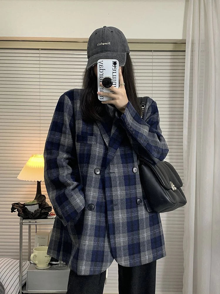 Koisoon Vintage Faux Woolen Plaid Blazers Coat Women Streetwear Loose Retro Jackets American Harajuku Long Sleeve Outwear Tops New