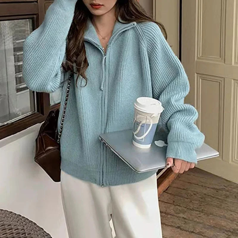 Koisoon Autumn Winter Double Zipper Sweater Women Korean Fashion Long Sleeve Knitted Cardigans Female Stand-up Collar Knitting Coat