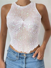 Koisoon Sequin Mesh See-Through Vest Cute Sleeveless For Women Crop top Glitter Fashion Casual Streetwear Hollow Out Slim Tank Top