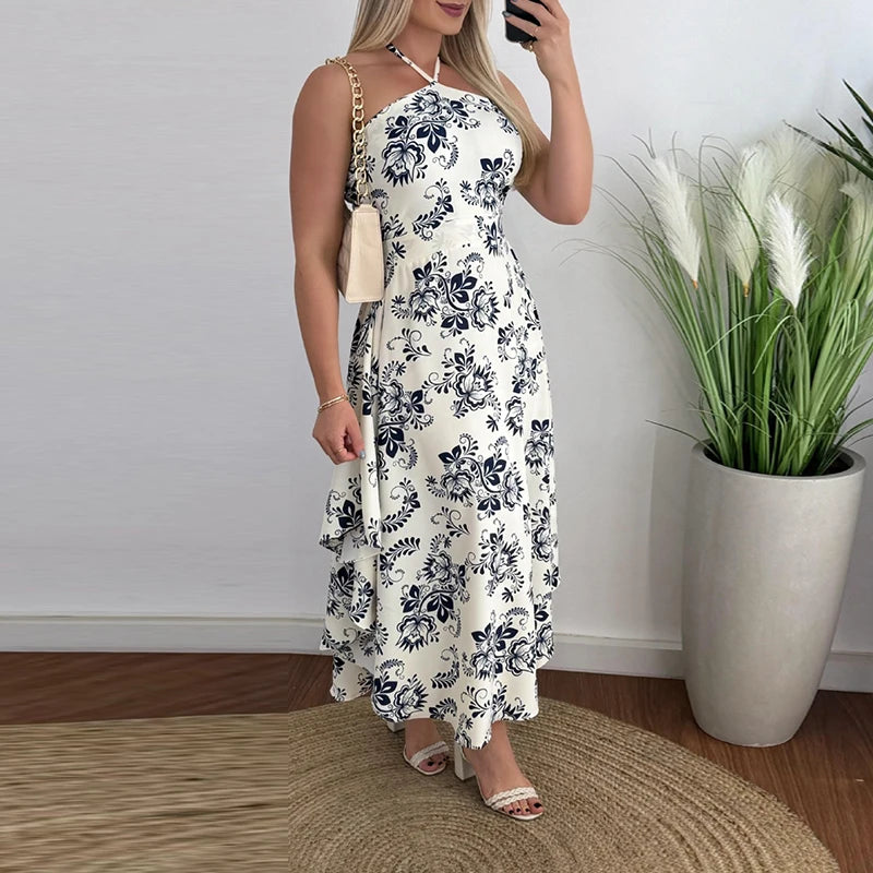 Koisoon Sexy Halter Hollow Sleeveless Holiday Dress New 2024 Summer Floral Print Ruffle Long Dress Fashion Backless Slim Party Dresses