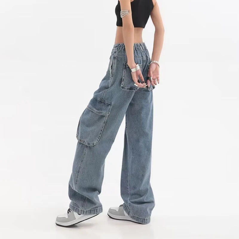 Koisoon Multi Pocket Denim Cargo Pants Women High Waist Streetwear Loose Wide Leg Jeans American Style Female Hip Hop Trousers