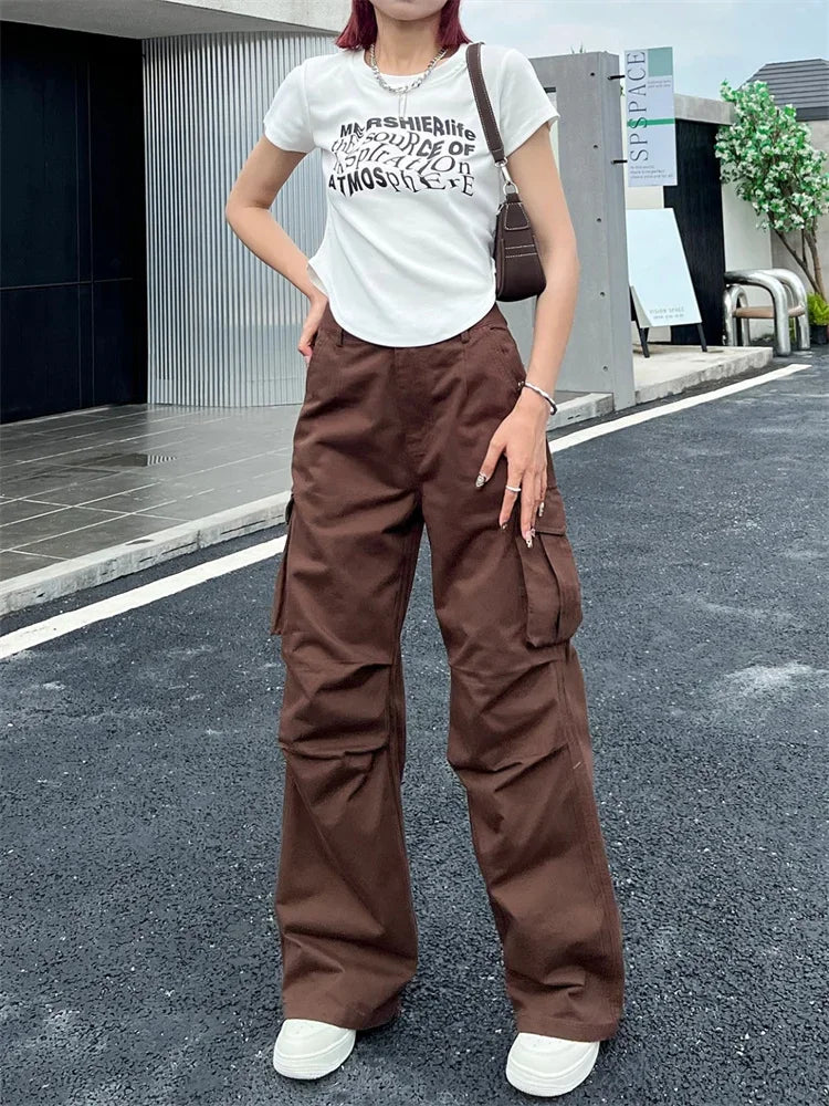 Koisoon Cyber Y2K White Cargo Pants Women Korean Style Egirl Brown Wide Leg Trousers Oversized Streetwear Hip Hop Pleated Pantalon