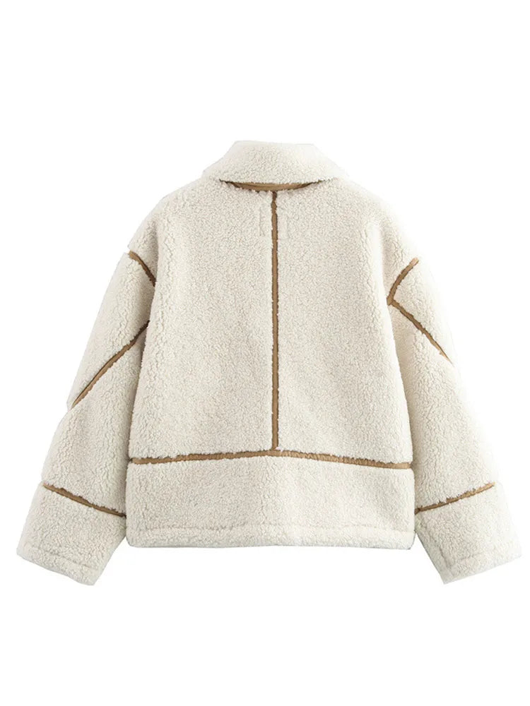 Koisoon Chic Contrast Line Splicing Lamb Wool Coat Women Casual Lapel Long Sleeve Zipper Pocket Thick Jacket Lady New Commute Outerwear