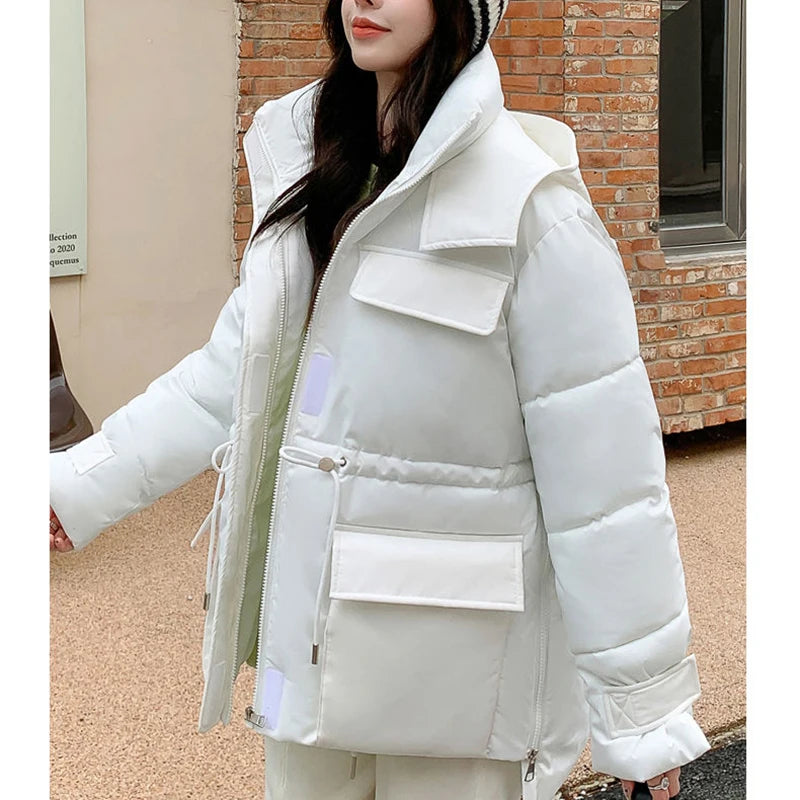 Koisoon Winter Thick Warm Parkas Women Fashion Designed Drawstring Loose Down Jacket Casual Female Big Pocket Korean Puffty Coats