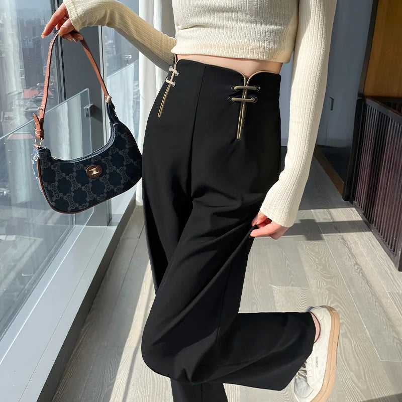 Koisoon Autumn Vintage Chinese Style Solid High Waist Wide Leg Pants Spring Women's Casaul Loose Black Soft Full Length Trousers