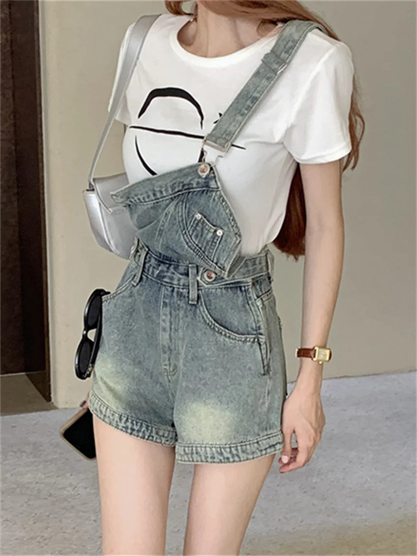 Koisoon OL Stylish New Overalls Shorts Denim Summer Loose Chic Wide Leg Vintage Office Lady Slim Jeanswear All Match