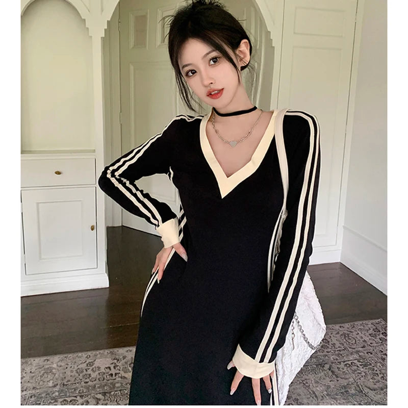 Koisoon Autumn Women Stripe Dress Korean Casual Patchwork Slim Ankle Length Dresses Fashion Female High Waist Long Sleeve Dress