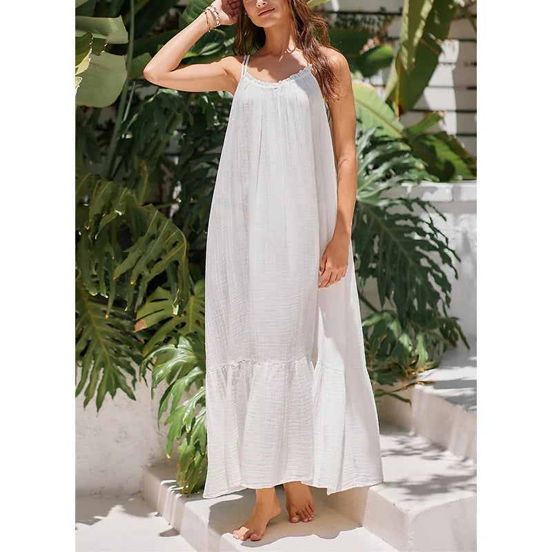 Koisoon Vintage Chic 100% Muslin Cotton Women White Dresses Summer Sleeveless Elegant Party Holiday Beach Boho Long Maxi Robe платье