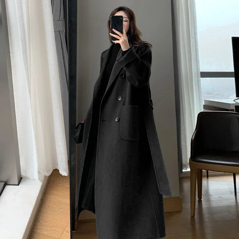 Koisoon Elegant Women Faux Woolen Coats Korean Fashion Streetwear Loose Jacket Autumn Casual Female Belt Long Blended Overcoat New