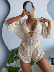 Koisoon 2024 3PCS Lace Hollow Out Bikini For Women Sexy Swimwear Female Pleated Cover Up Swimsuit Beach Wear New Brazilian Bathing Suit