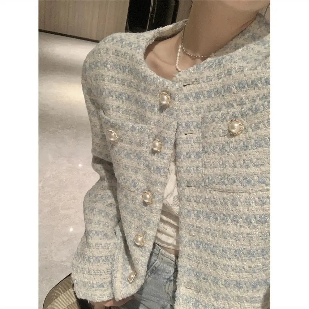 Koisoon Korean Clothing Women Short Wool Coat Spring Autumn Temperament Elegant Pearl Button Fashion Casual Cardigans Long Sleeve Jacket