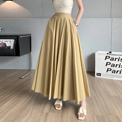 Koisoon Elegant Women Pleated White Pockets Long Skirts Office Ladies Casual Loose High Waist Midi Skirt 2024 Spring Summer