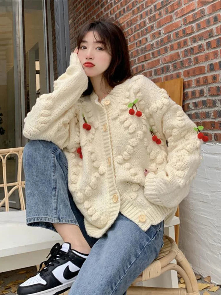 Koisoon Cute Strawberry Women Cardigan Sweater Oversize Winter Loose Fashion V Neck Hand 3D Knit Ladies Jumper Casual Female Coat