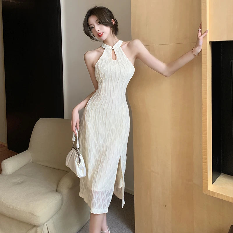 Koisoon Summer Sleeveless Chinese Cheongsam Dress Young Girls Neck-mounted Strapless Fashion Vintage Elegant Temperament Midi Dresses