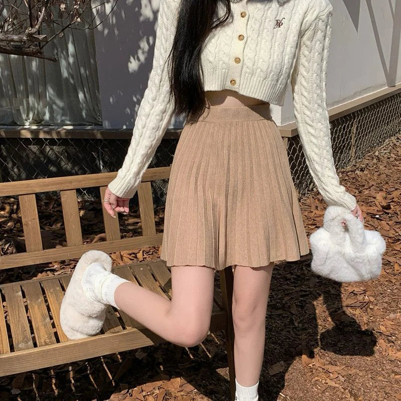 Koisoon Autumn Winter Knitted Pleated Skirt Women 2024 Korean High Waist Mini Skirts Woman Preppy Style A Line Short Skirts Mujer