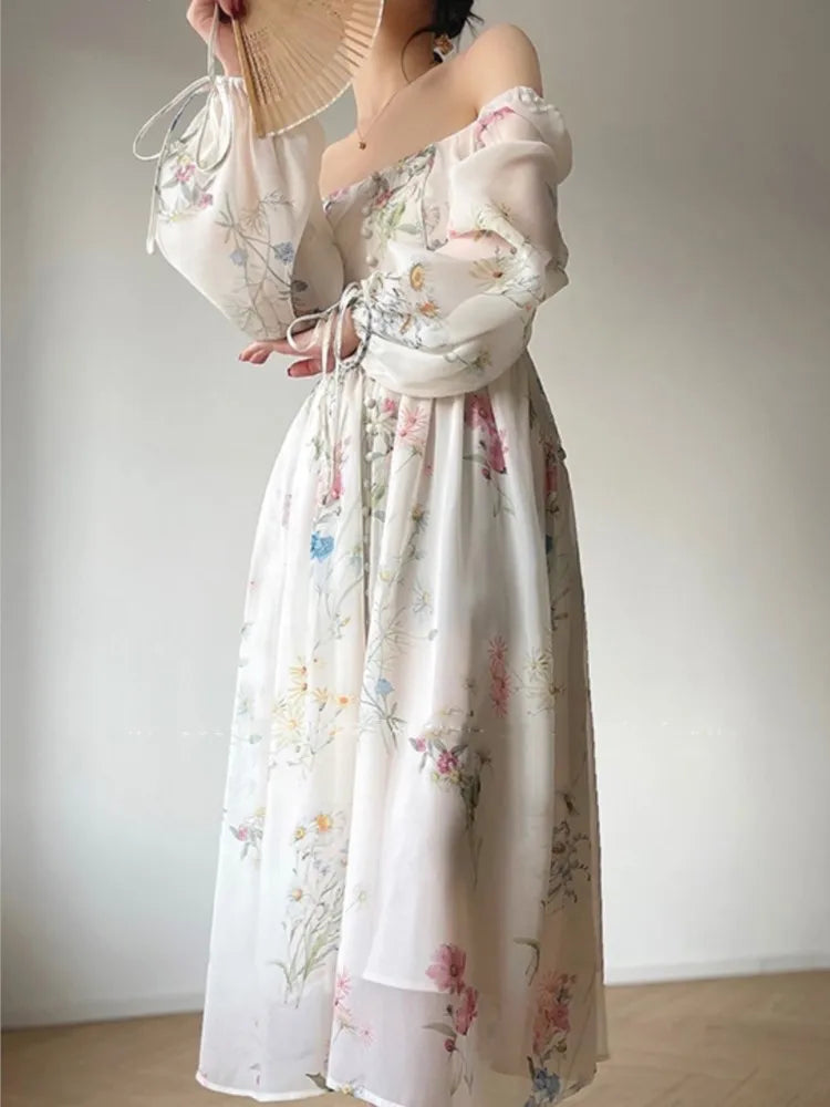 Koisoon French Vinatge Evening Party Long Dresses for Women Floral A-line Princess Dress Lantern Sleeve Spring Summer Prom Robe Vestidos