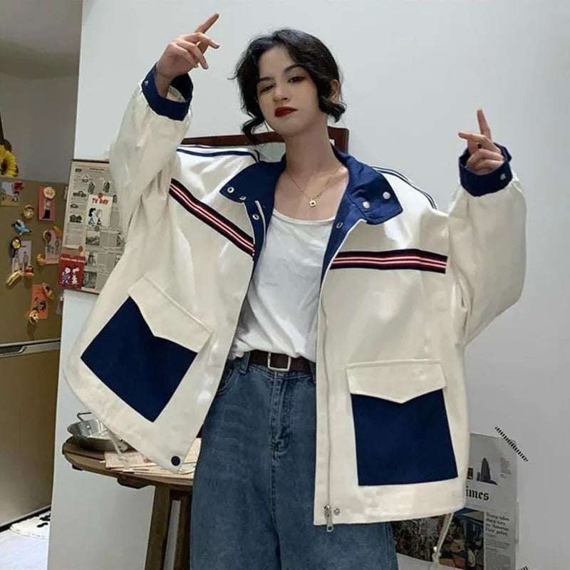 Koisoon Patchwork Jacket Women American Loose Streetwear Blue and White Zipper Clothes Casual Chic Long Sleeve Harajuku Outwear