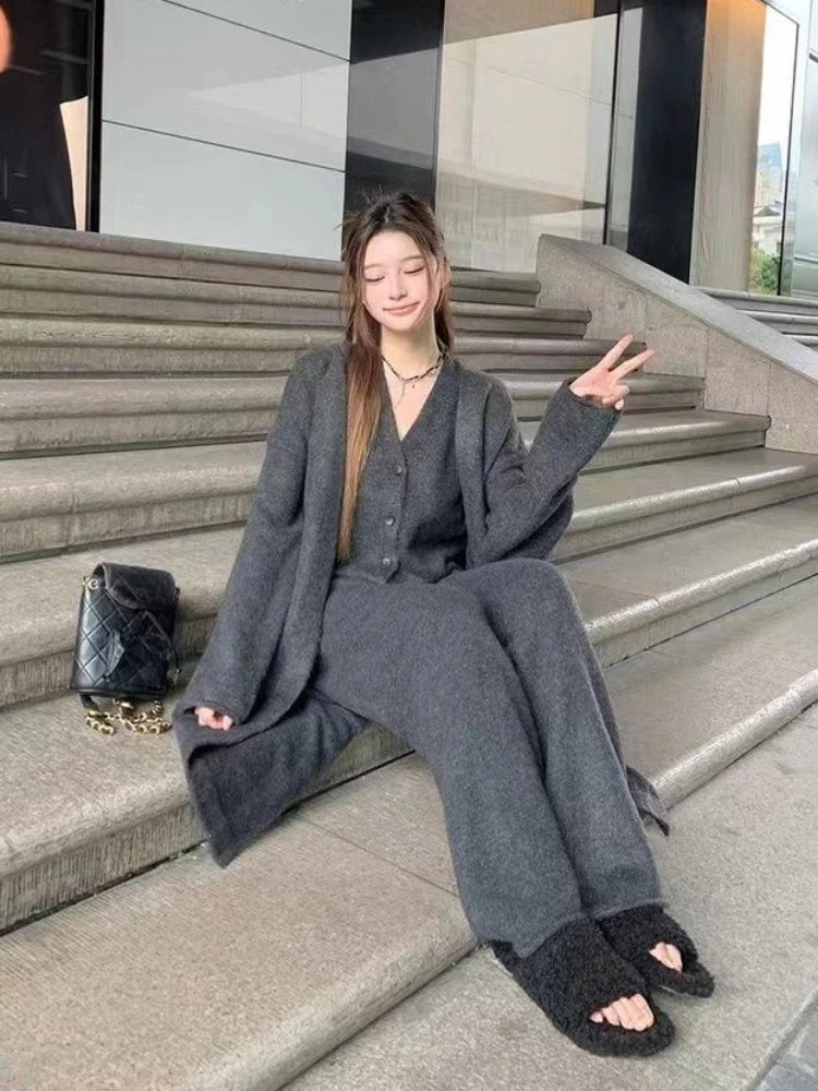 Koisoon Winter French Knitted Suits 3 Piece Set Women Casual Long Cardigan + Vintage Vest + Office Lady Long Pants Korean Fashion