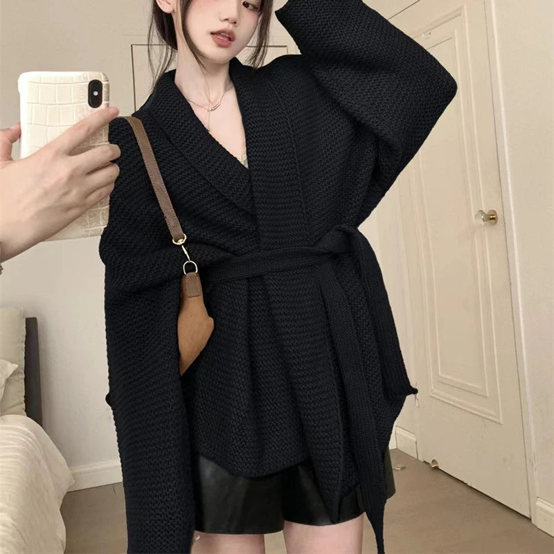 Koisoon Women Cardigan Sweater Autumn Korean Fashion Bandage Loose Knitted Coats Casual Female All Match Long Sleeve Jacket New